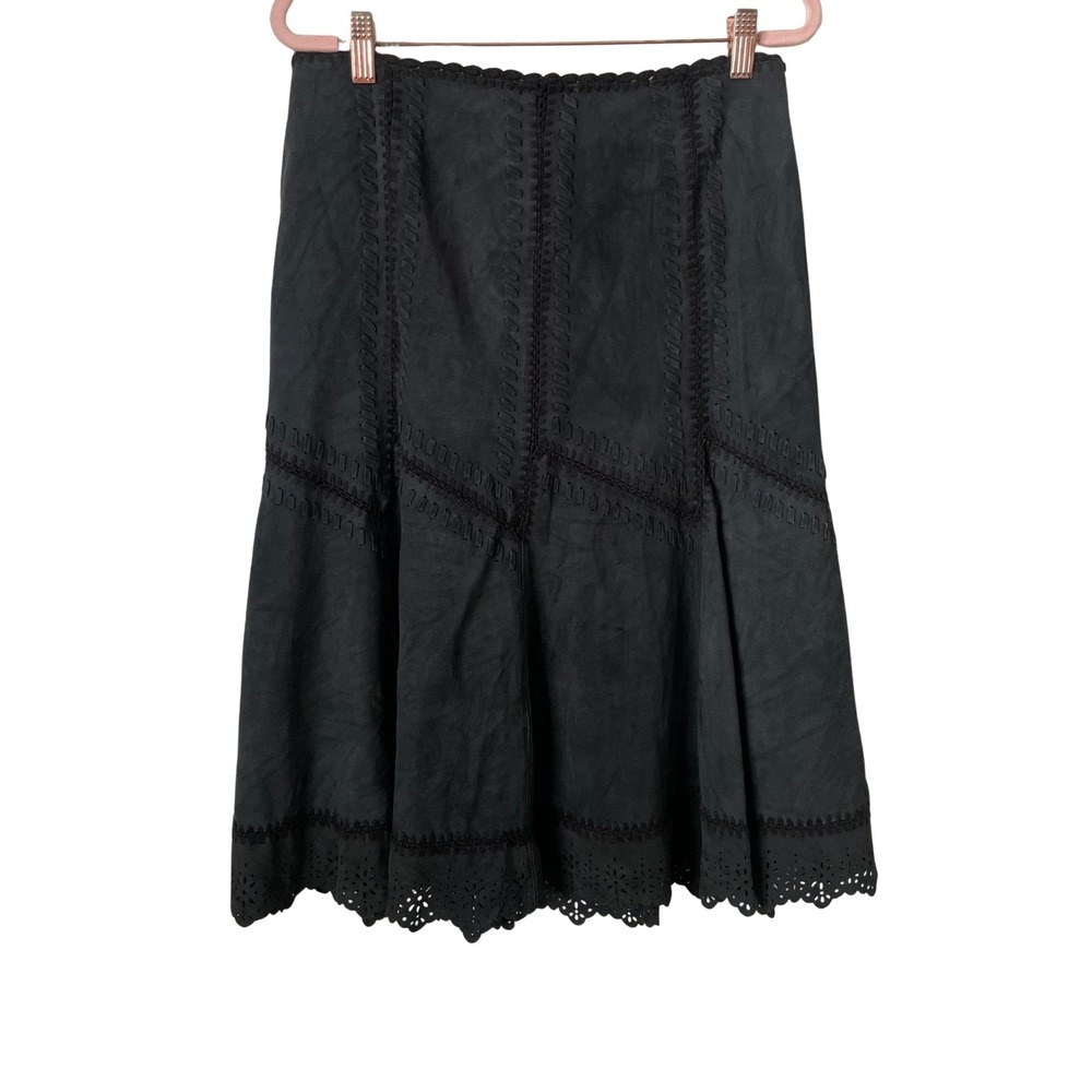Genuine Leather Suede Whipstitch‎ Eyelet Midi Skirt 10 Black Western Festival